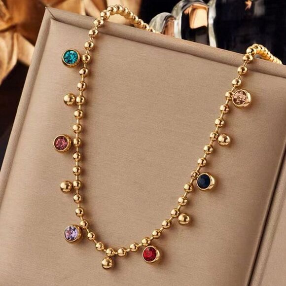 18K Gold Plated Multicolor Rhinestones Beaded Necklace - Picture 1 of 8